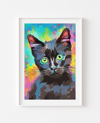 Black Cat With Colourful Background Cat Art Print